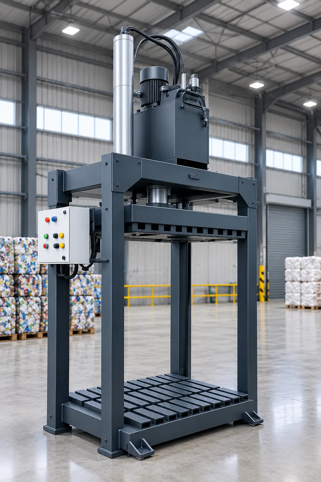 Hydraulic bale press machine compressing woven sack material into dense bales
