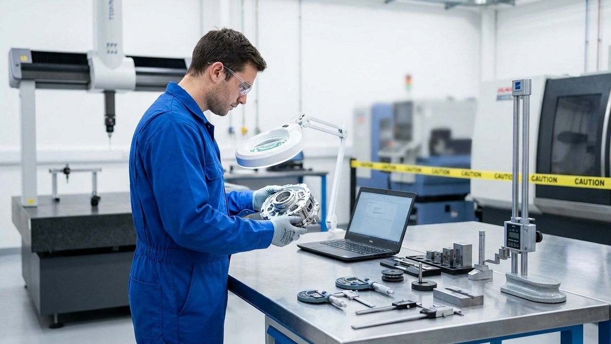 Engineer conducting in-house quality control inspection on industrial machinery components