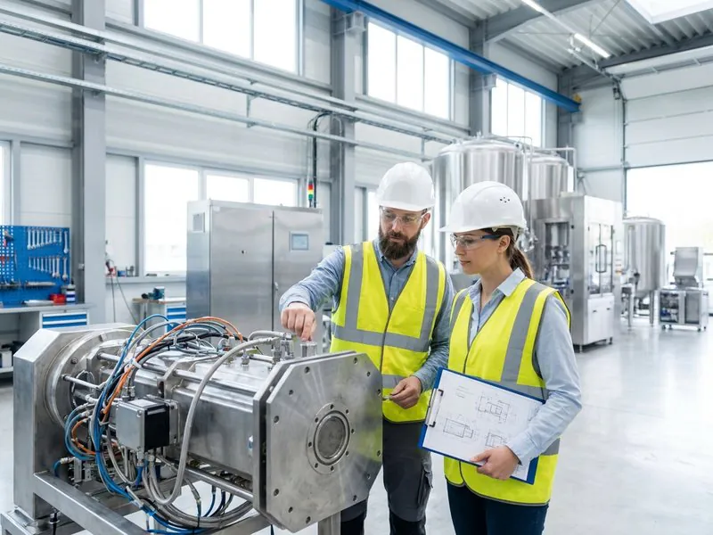 N-TEX engineers evaluating machinery specifications in a manufacturing environment